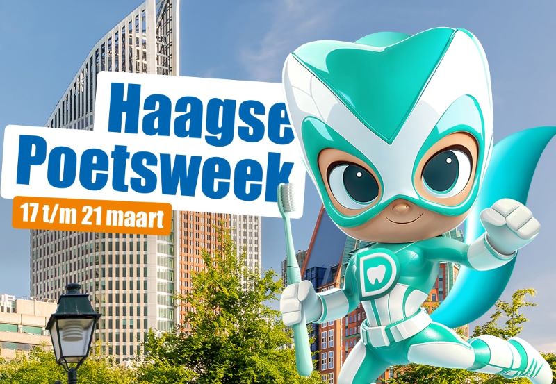 Aantal Haagse gebouwen tegen een blauwe lucht met daarop de tekst: Haagse Poetsweek 17 t/m 21 maart en de wit-groene superheld Dentara